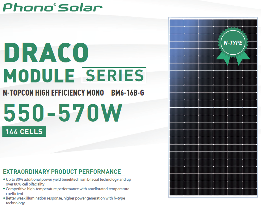 Phono Solar Draco 560Wp PS560M7GFH-24 — vooraanzicht