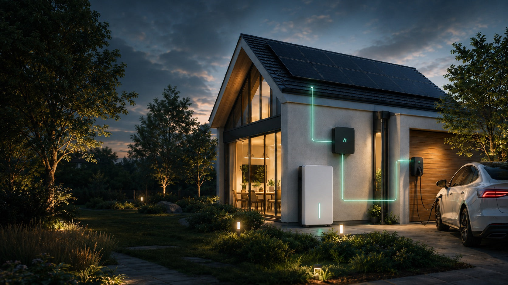 Nederlandse woning in de avond met zonnepanelen, thuisbatterij en laadpaal