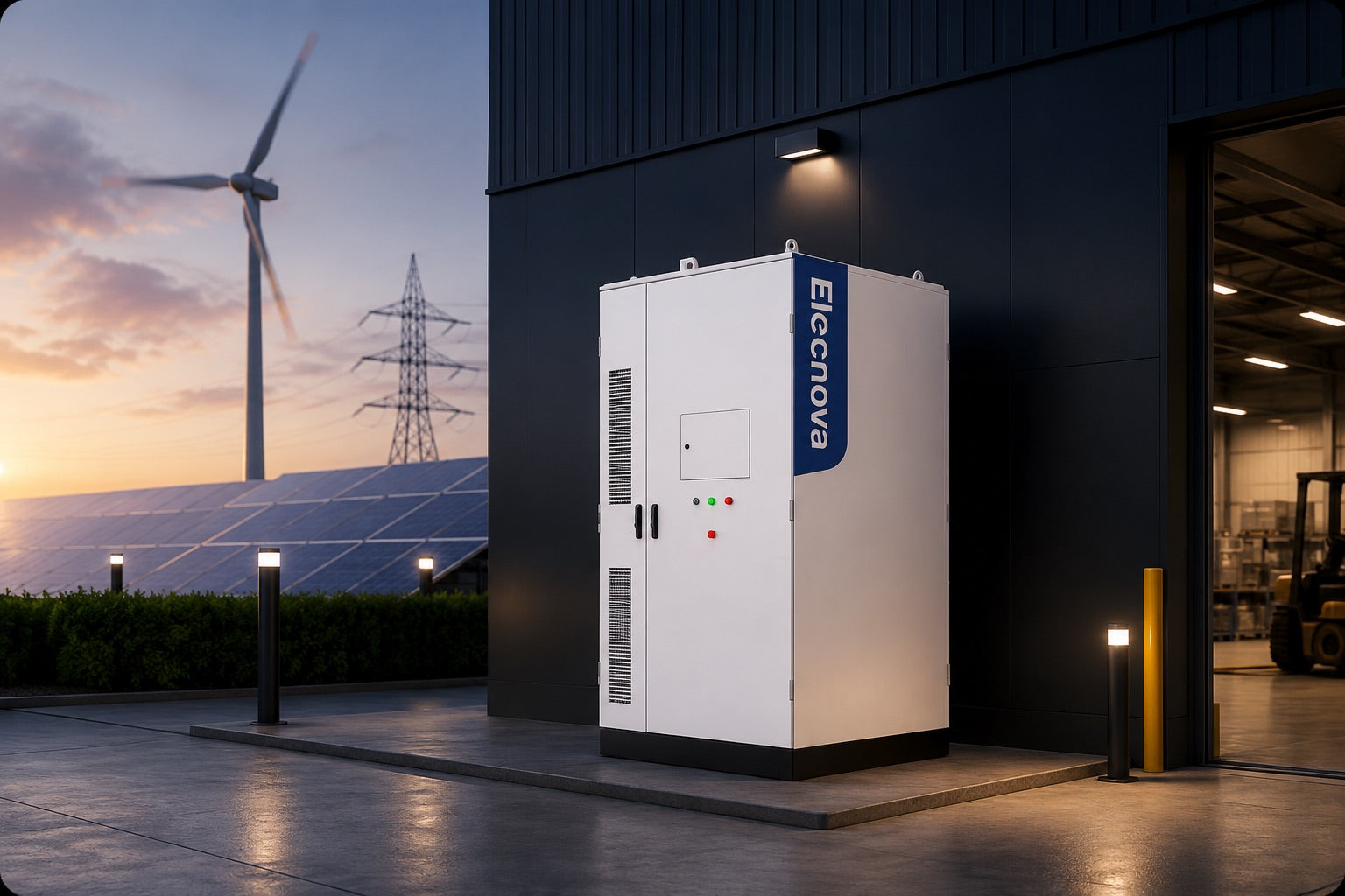 Industriële batterijkast bij een bedrijfspand met zonnepanelen en windmolen
